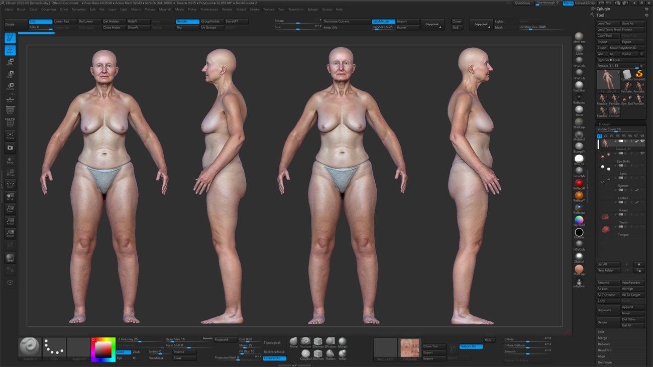 ZBrush ZTool render of an older female 3D body scan at high subdivision showing sculpt-ready geometry
